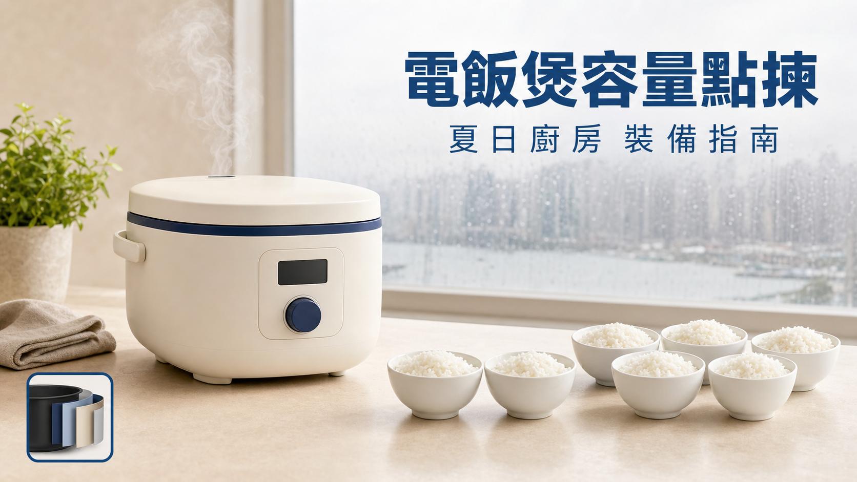 伊瑪牌 IH 電飯煲 IRC-20IH 擺喺夏日廚房檯面,奶白機身配深藍邊圈同旋鈕,旁邊放兩組唔同數量嘅飯碗象徵唔同人數家庭嘅容量選擇,示範電飯煲容量點揀