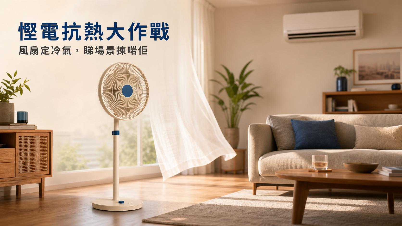 Imarflex IF-35R 遙控座地扇放喺客廳,背景見到冷氣機,象徵風扇同冷氣慳電比較