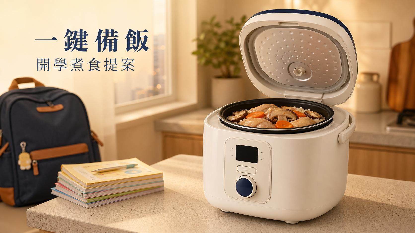 伊瑪牌 IH 電飯煲 IRC-20IH 揭蓋展示一鍵備飯:飯、雞髀肉、冬菇同紅蘿蔔同煲煮熟,背景有返學袋同功課簿,呈現開學備飯生活場景