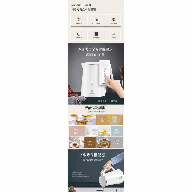 "伊瑪牌"『白泉』電子保溫無線電熱水壼(1.7L) 產品詳情圖片 2